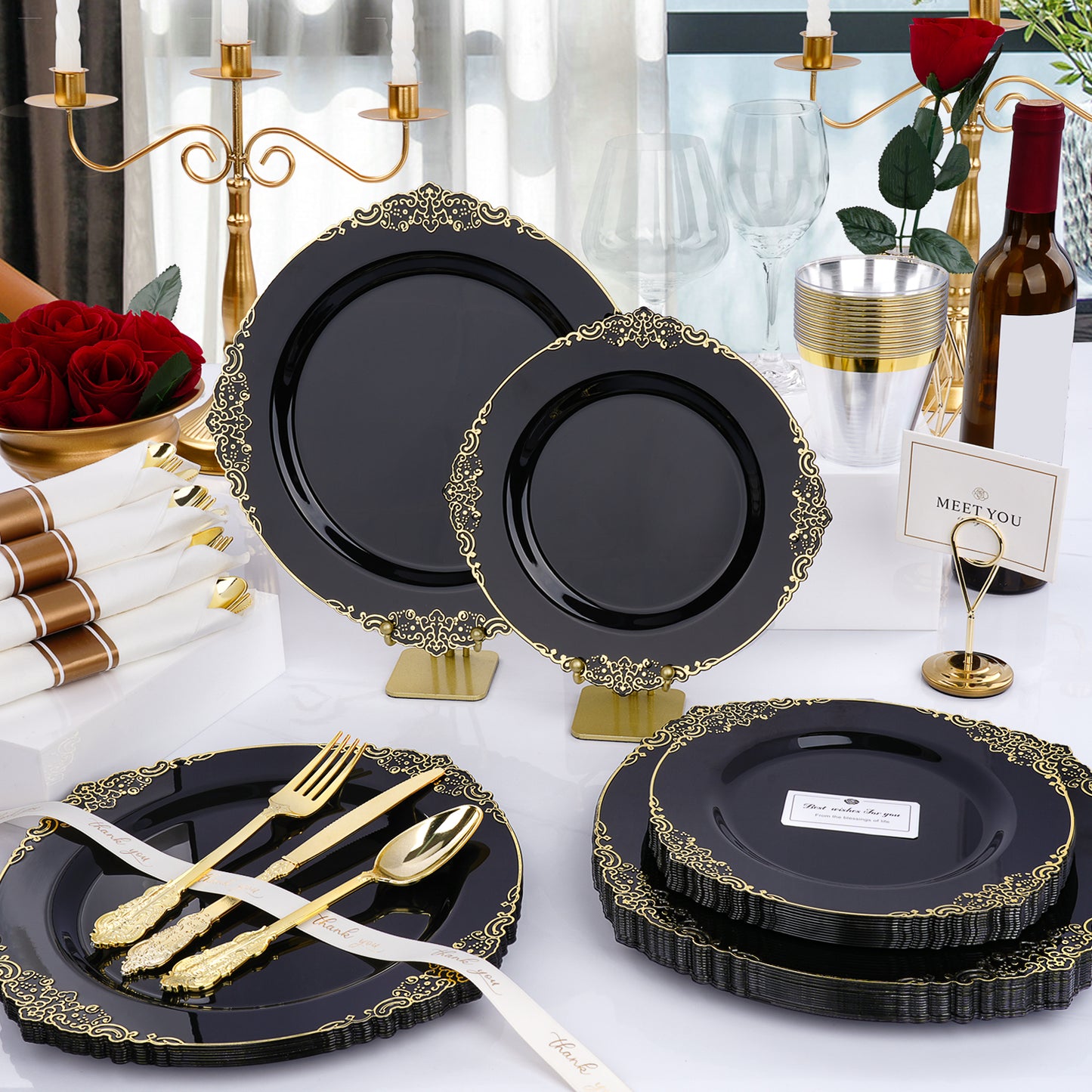 Goodluck 350 PCS Disposable Black and Gold Plastic Dinnerware Set for Party, Wedding, Graduation