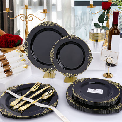 Goodluck 350 PCS Disposable Black and Gold Plastic Dinnerware Set for Party, Wedding, Graduation
