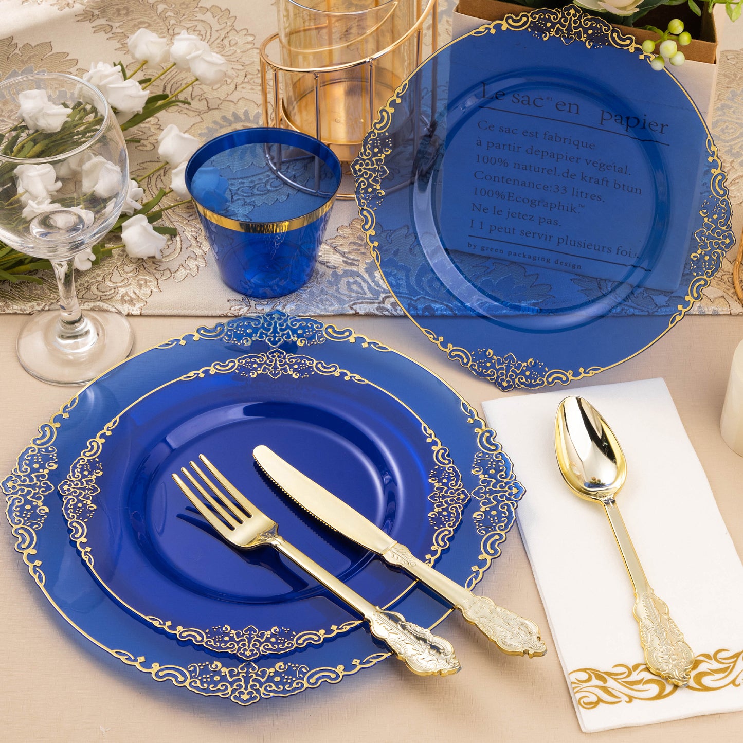 Goodluck Disposable Retro Clear Blue with Gold Rim Plastic Dinnerware Sets