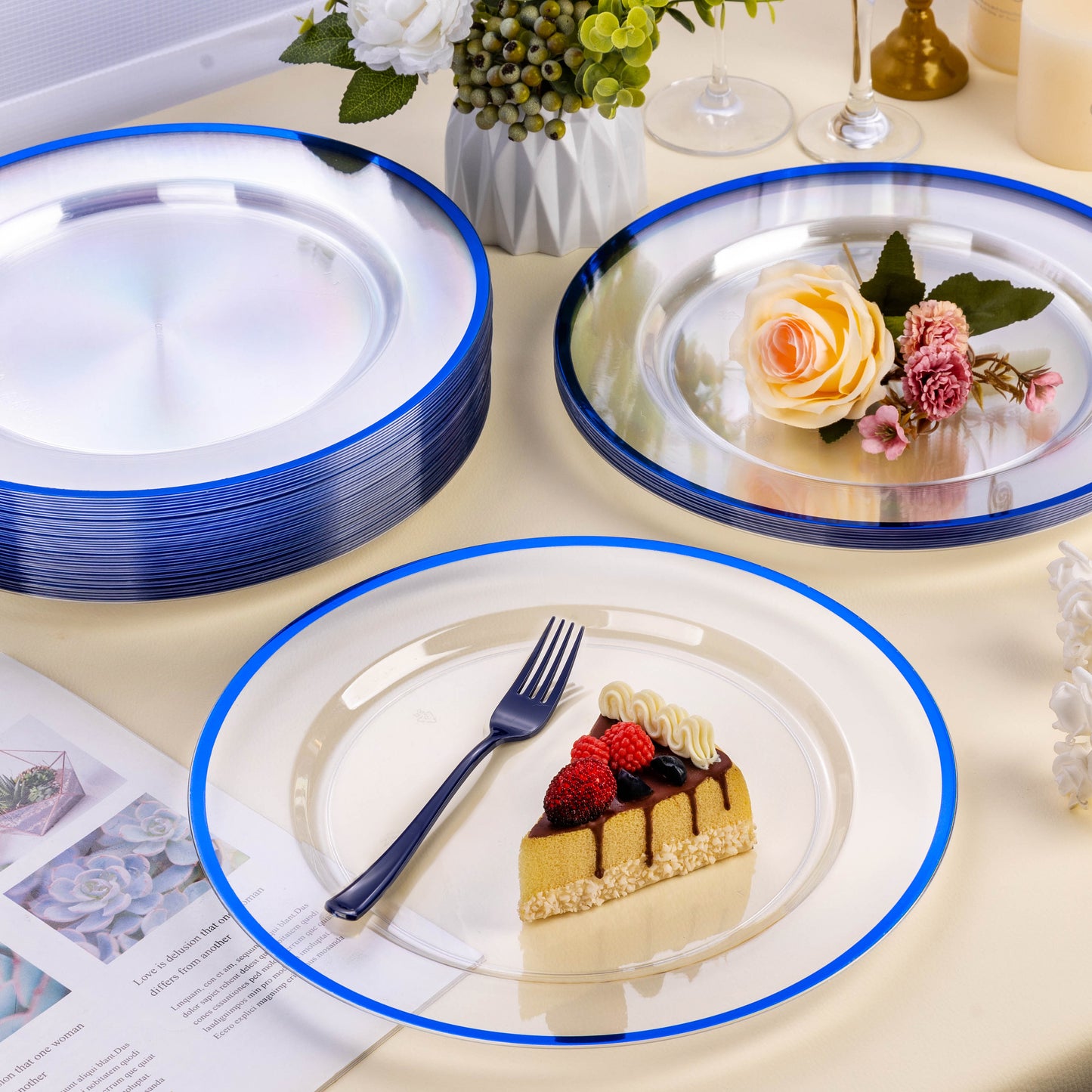 Goodluck 12 Inch Disposable Clear with Blue Rim Charger Plates for Party, Wedding, Dinner