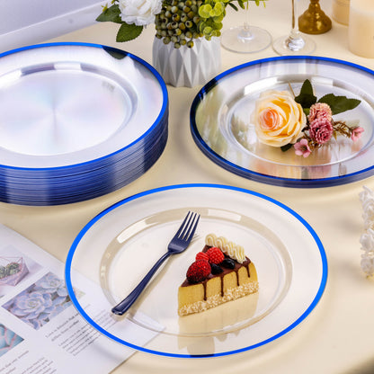 Goodluck 12 Inch Disposable Clear with Blue Rim Charger Plates for Party, Wedding, Dinner