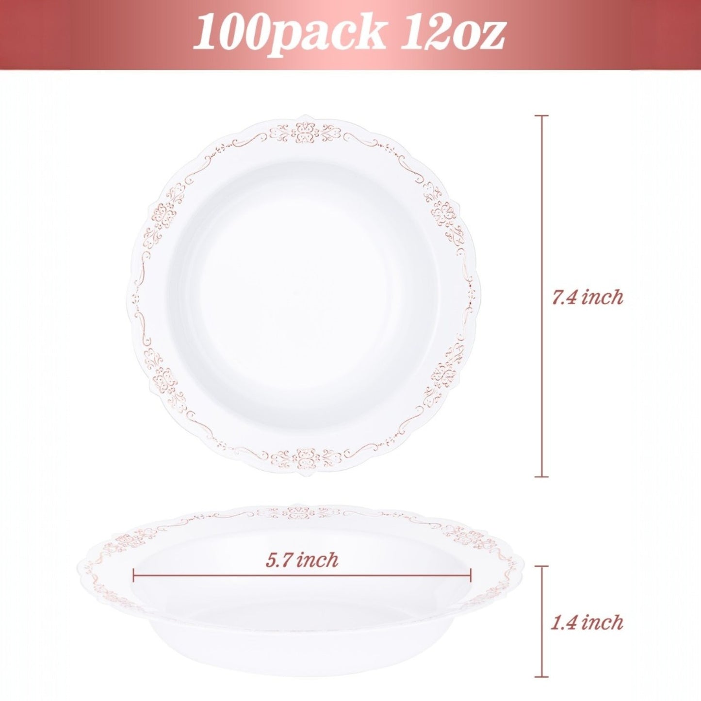 Goodluck 12oz Disposable Heavy Duty White Plastic Bowls with Rose Gold Rim Plastic Bowl for Hot Soup, Dessert, Salad, Cake, Ice Cream, Fruit