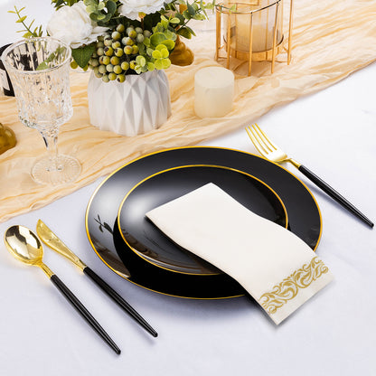 Goodluck 350 Pieces Disposable Black with Gold Rim Plastic Dinnerware Set