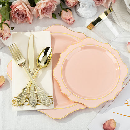 Goodluck 350 PCS Disposable Scallop Pink with Gold Rim Plastic Dinnerware Set