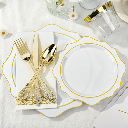 Goodluck 350 PCS Disposable Scallop White and Gold Plastic Dinnerware Set for 50 Guests
