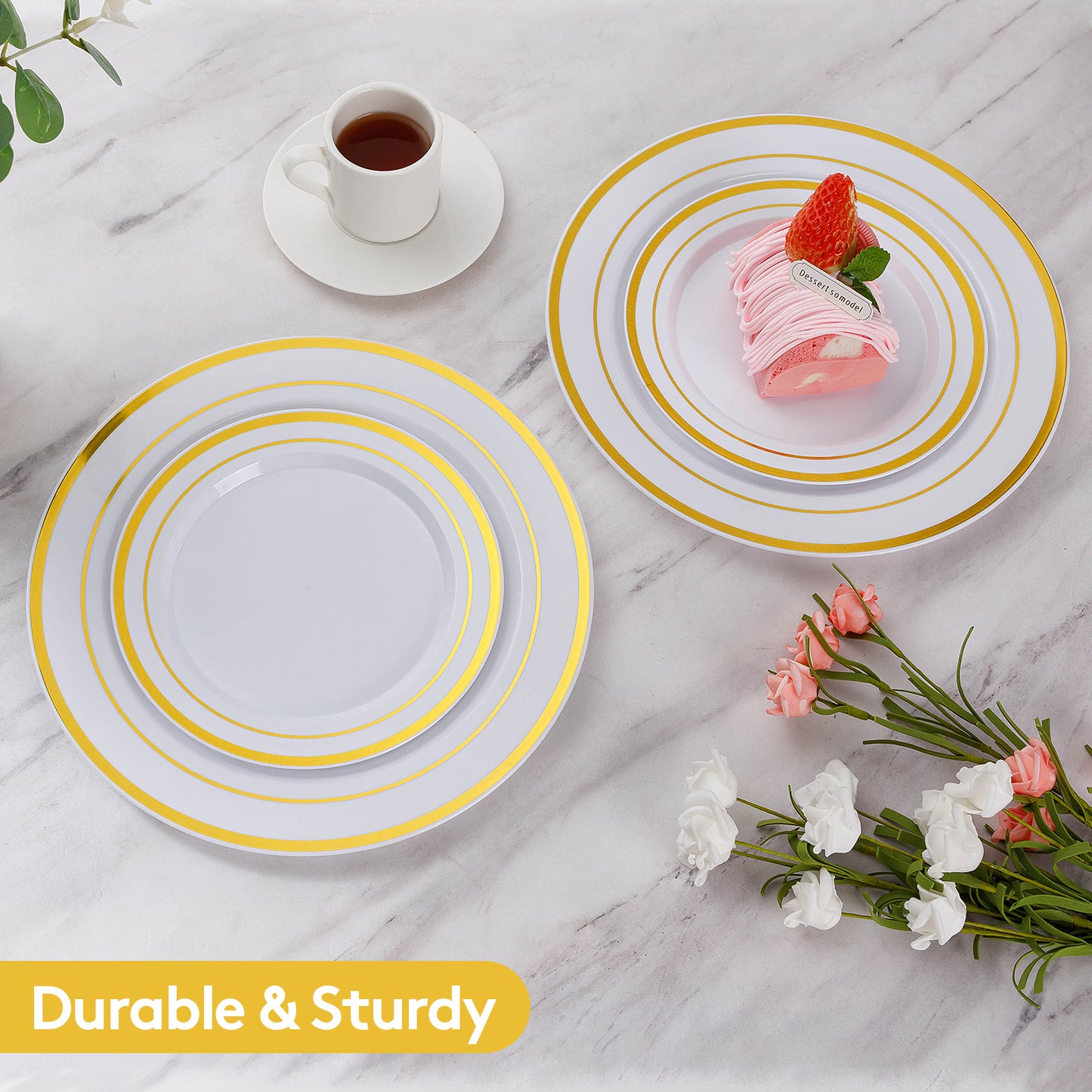 Goodluck Heavy Duty Disposable White and Gold Plastic Plates