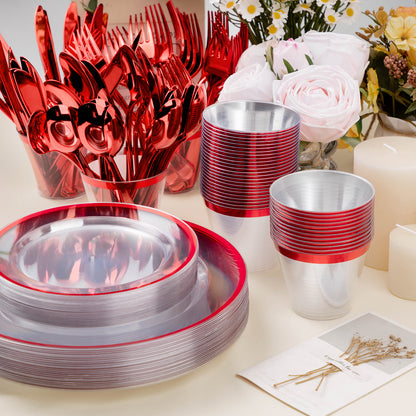 Goodluck 350PCS Disposable Red and Clear Plastic Dinnerware Sets for 50 Guests