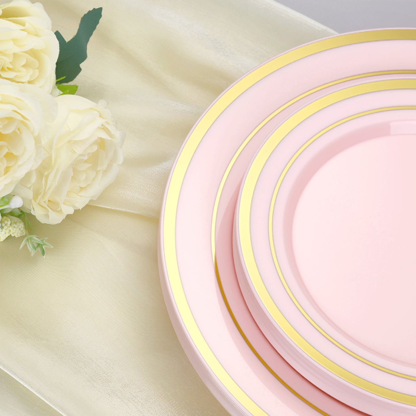 Goodluck Disposable Pink with Gold Rims Plastic Dinnerware Set for Wedding, Christmas