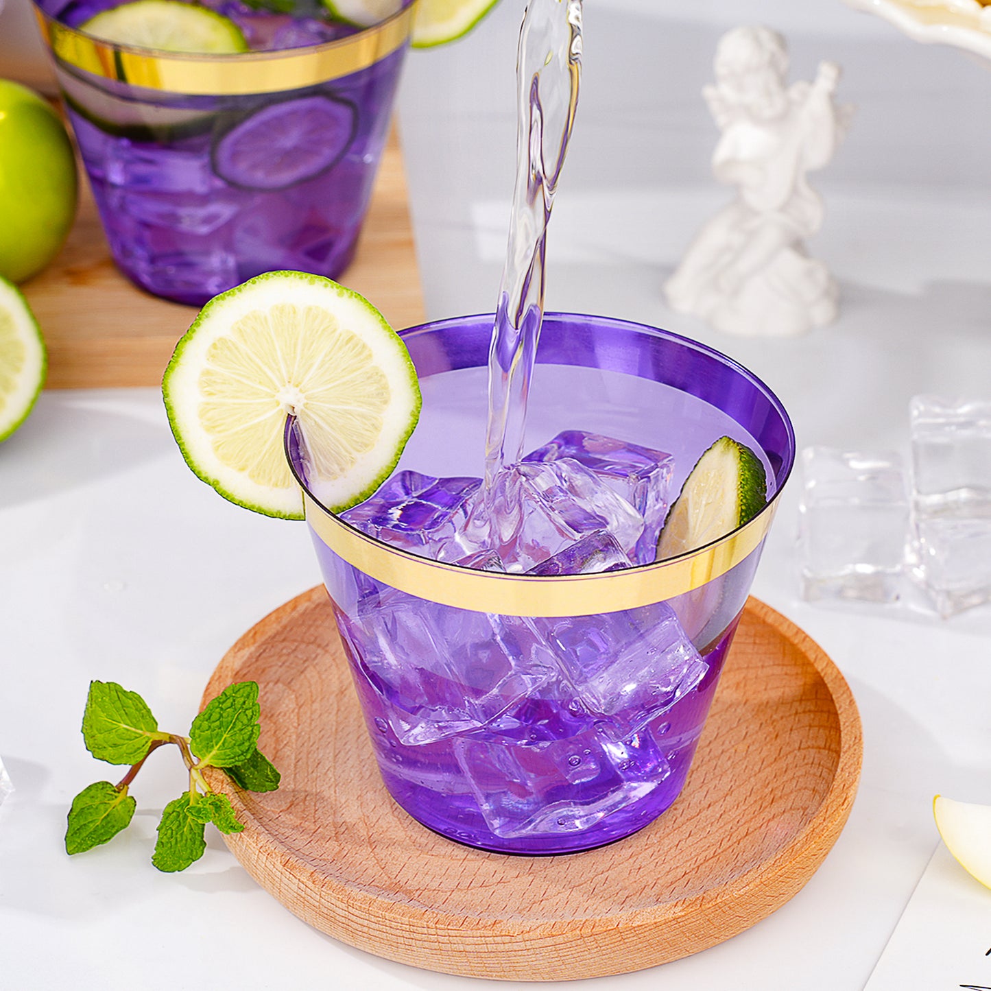 Goodluck 100 Pack 9 oz Disposable Purple with Gold Rim Plastic Cups for Party & Graduation & Wedding