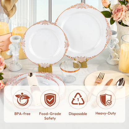 Vintage Disposable Plastic Dinnerware Sets with Gold Pattern Rim