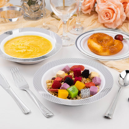 Goodluck 12oz Disposable Heavy Duty Plastic Bowls with Silver Rim for Parties, Weddings, and Everyday Use