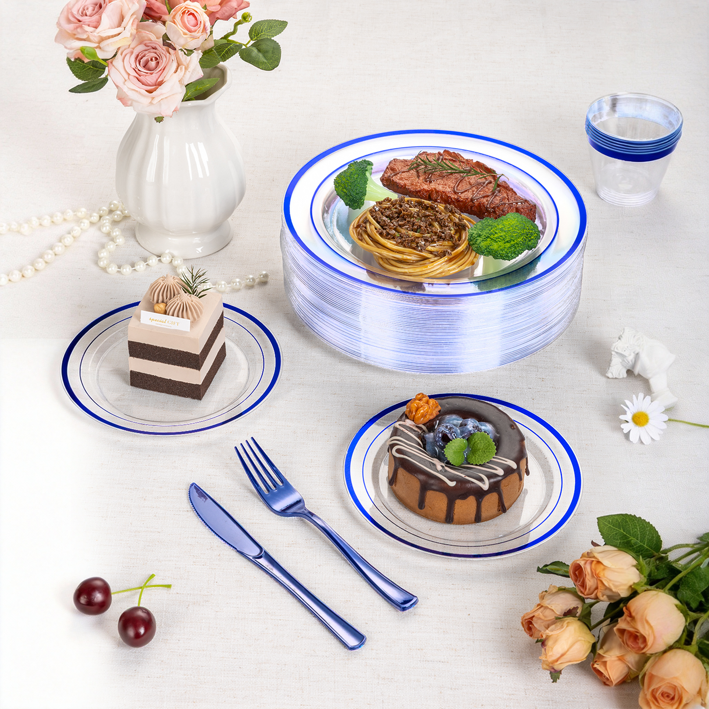 Goodluck 350 Piece Disposable Clear with Double Blue Rim Plastic Dinnerware Set for 50 Guests