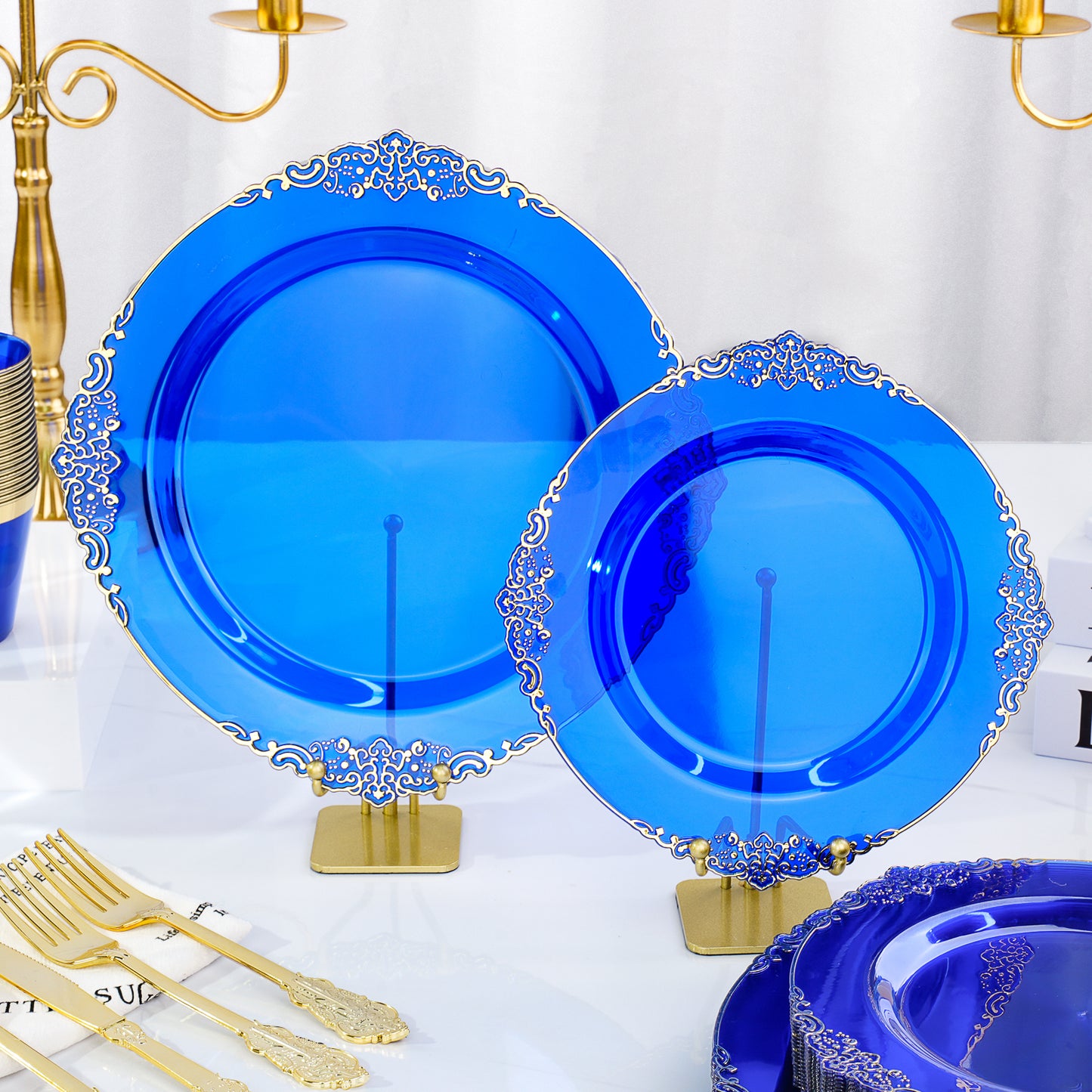 Goodluck Disposable Clear Blue with Gold Rim Plastic Dinnerware Sets