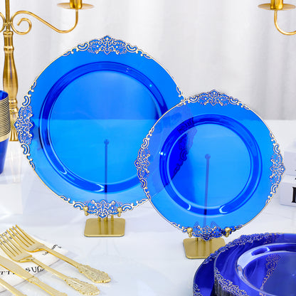 Goodluck Disposable Clear Blue with Gold Rim Plastic Dinnerware Sets