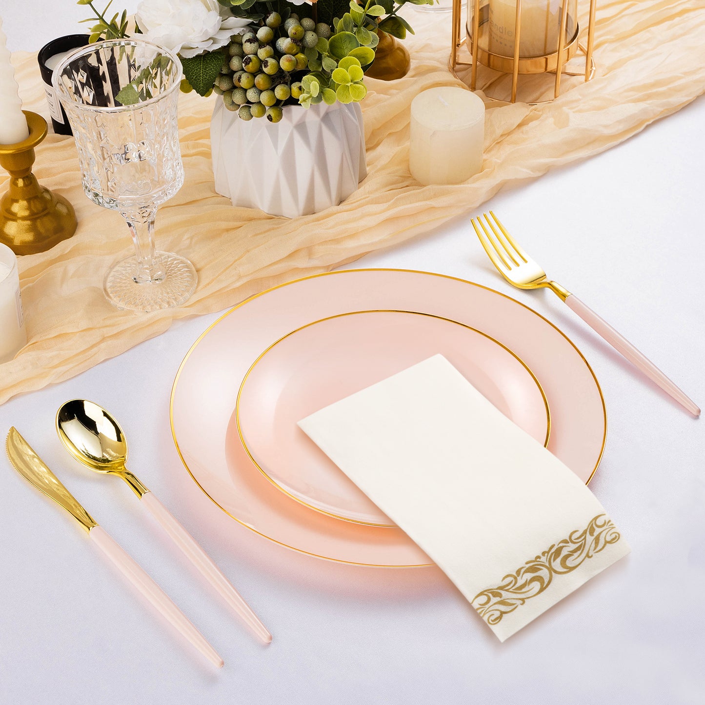 Goodluck 350 Pieces Disposable Pink with Gold Rim Plastic Dinnerware Set