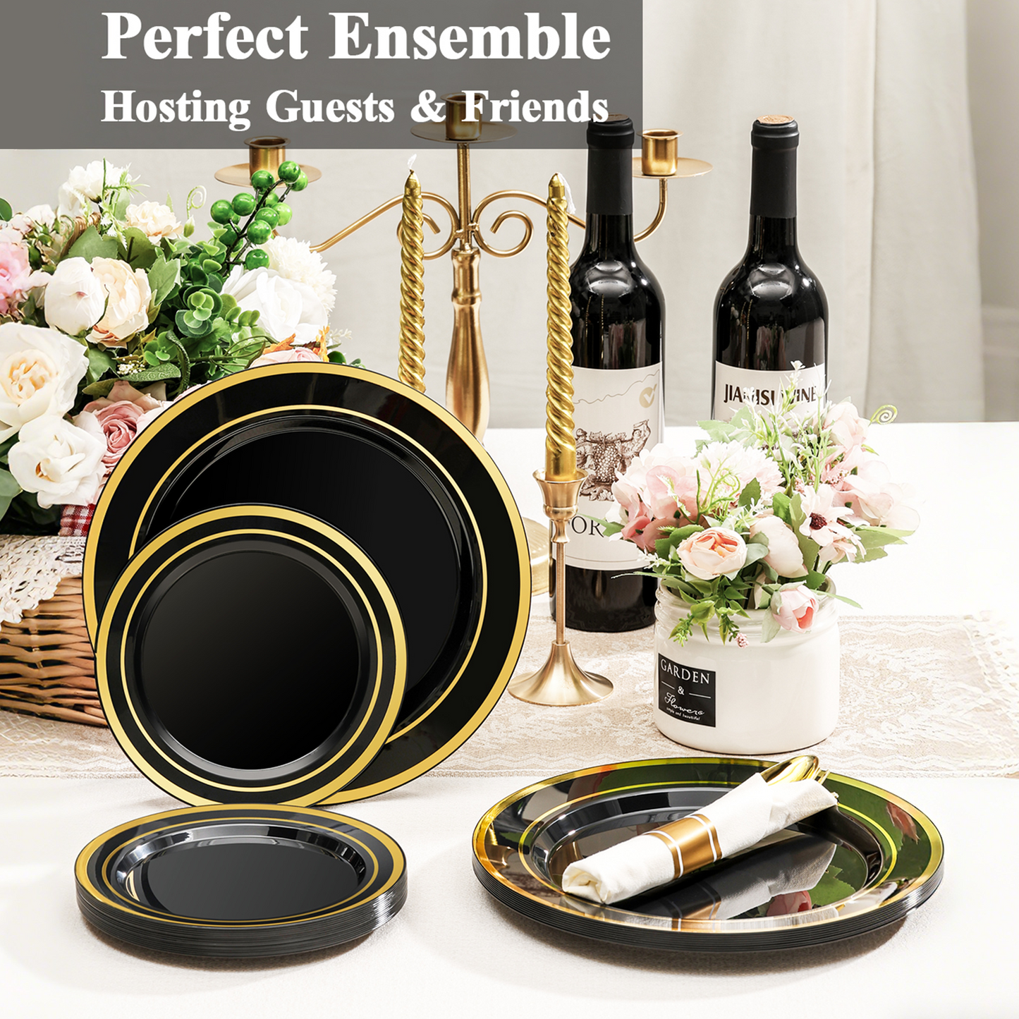 Goodluck Premium Disposable Black with Gold Rim Plastic Plates Set for Party, Wedding, Holiday, and Halloween