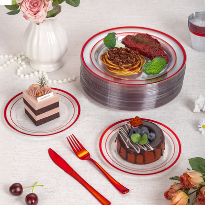 Goodluck 350 Piece Disposable Clear with Double Red Rim Plastic Dinnerware Set for Party, Christmas, Graduation, Wedding