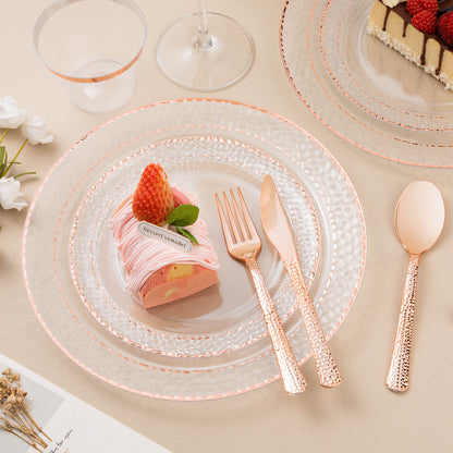 Goodluck 350PCS Disposable Veined Clear with Rose Gold Trim Dinnerware Set for 50 Guests