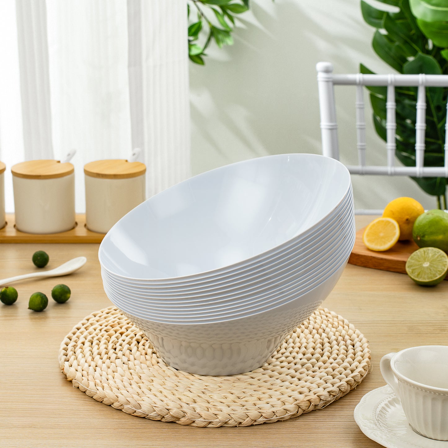 Goodluck 12 Pack 54oz Disposable Angled White Plastic Serving Bowls for Chips, Snacks, Fruit, Salad