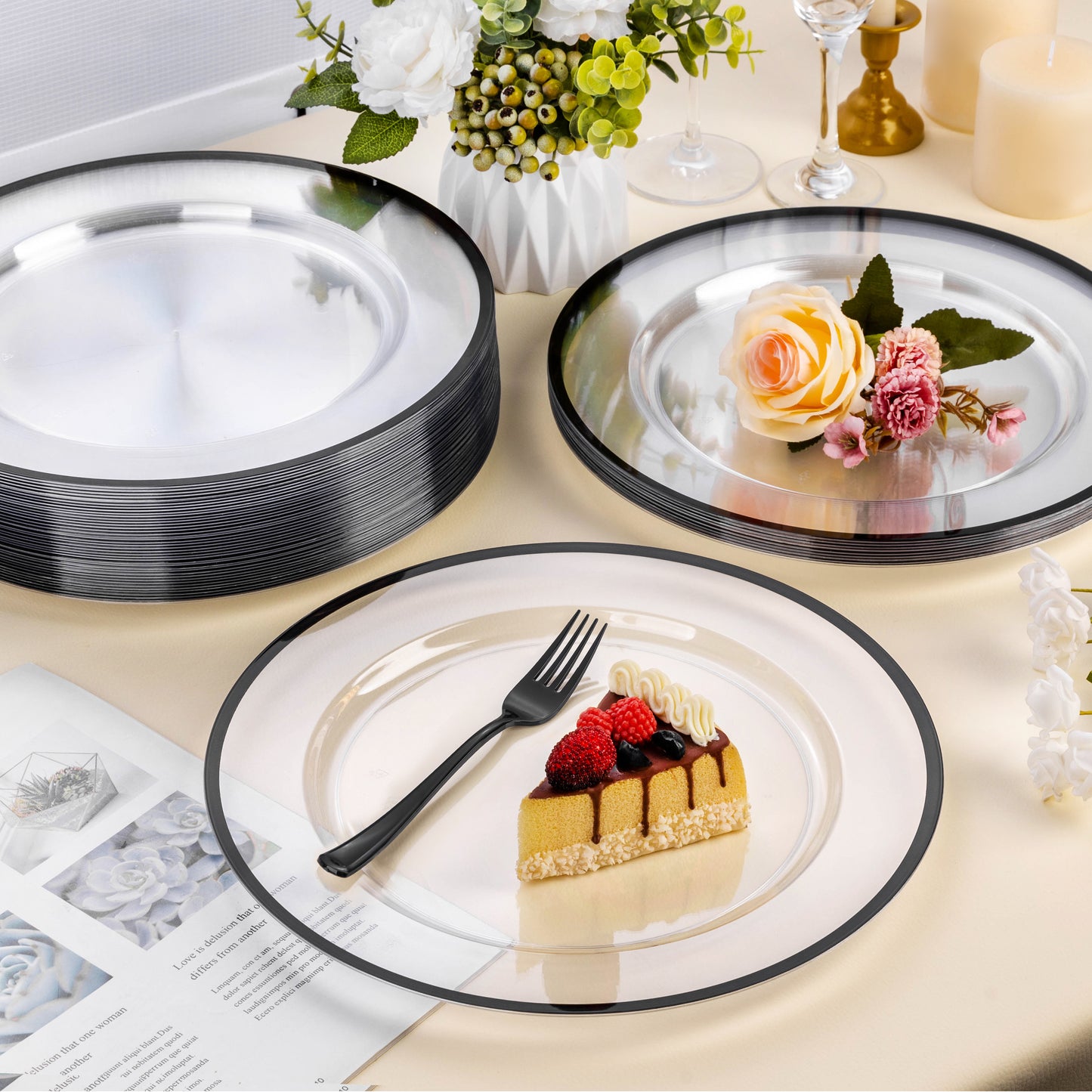 Goodluck 12 Inch Disposable Clear with Black Rim Plastic Charger Plates