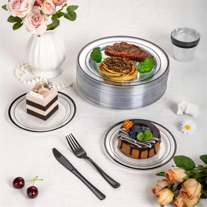 Goodluck Disposable Clear with Double Black Rim Plastic Dinnerware Sets for Party, Wedding, Graduation