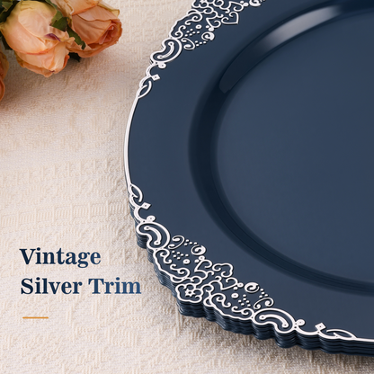 Goodluck 100PCS Heavy Duty Disposable Navy Blue Plastic Plates with Vintage Silver Trim for Weddings, Parties, Events