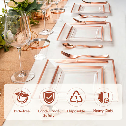 Premium Plastic Tableware for Weddings & Parties with Square Clear Base Rose Gold Rim Plates and Rose Gold Cutlery