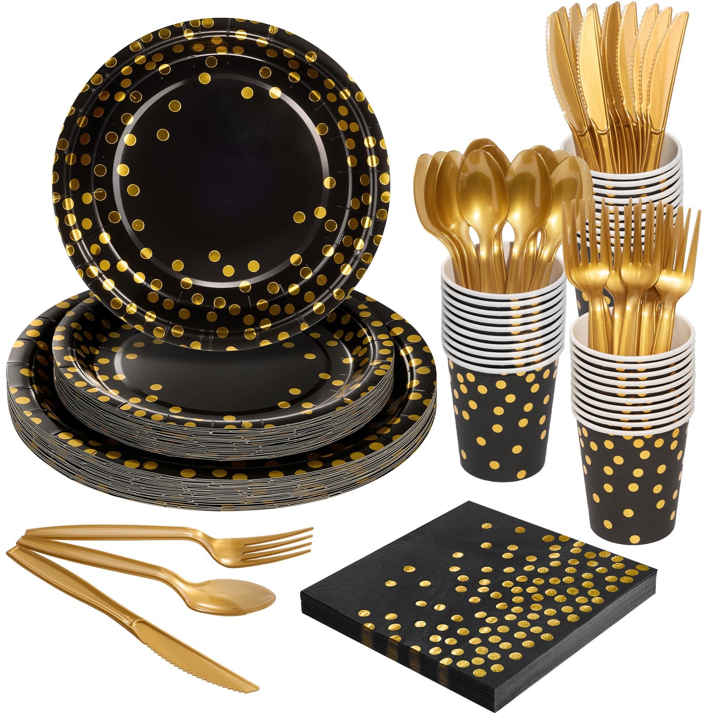 Gold Foil Polka Dot Disposable Party Paper Tableware Set for Birthday, Baby Shower, and Wedding