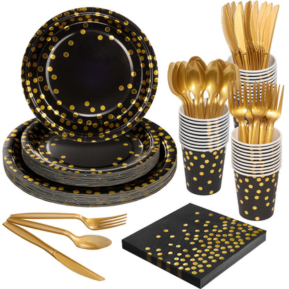 Gold Foil Polka Dot Disposable Party Paper Tableware Set for Birthday, Baby Shower, and Wedding