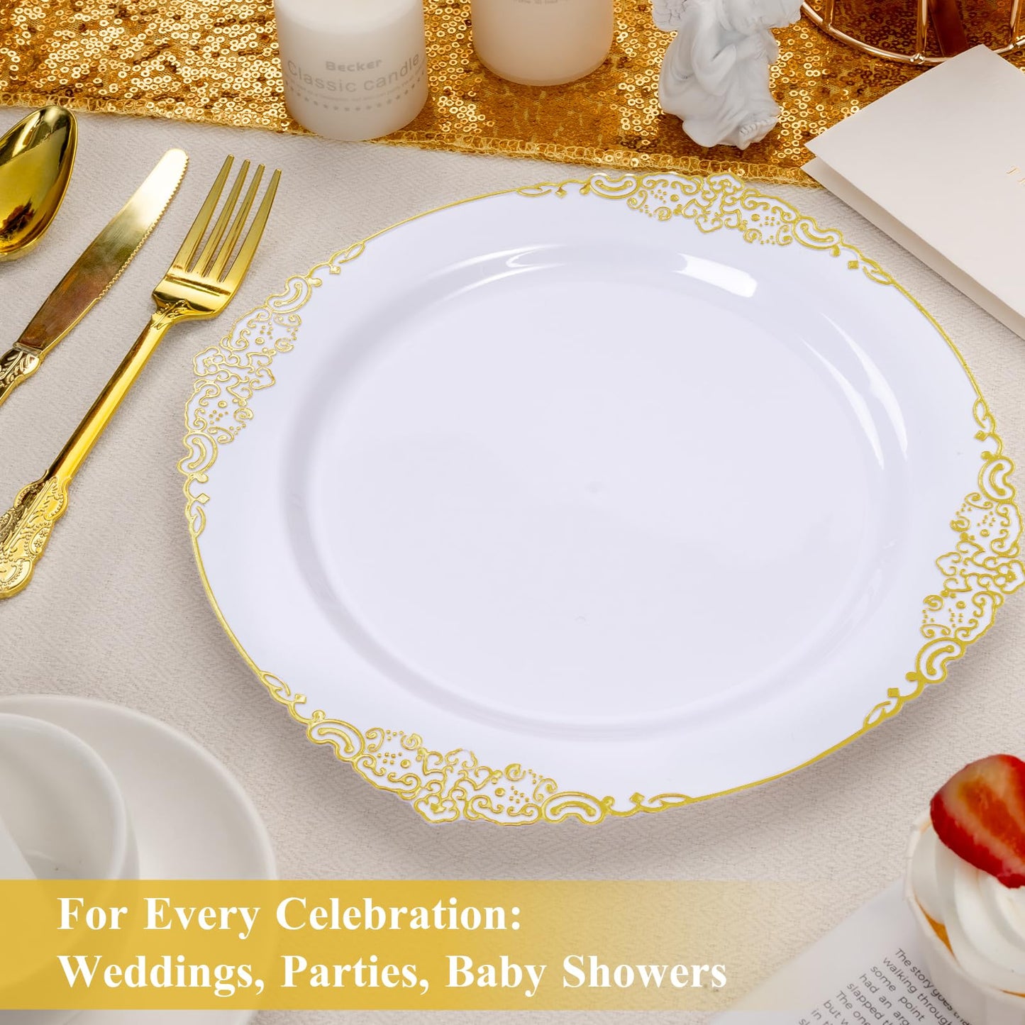 100PCS 10.25-inch Disposable Heavy Duty Vintage Plastic Plates for Wedding, Party, and Daily Use