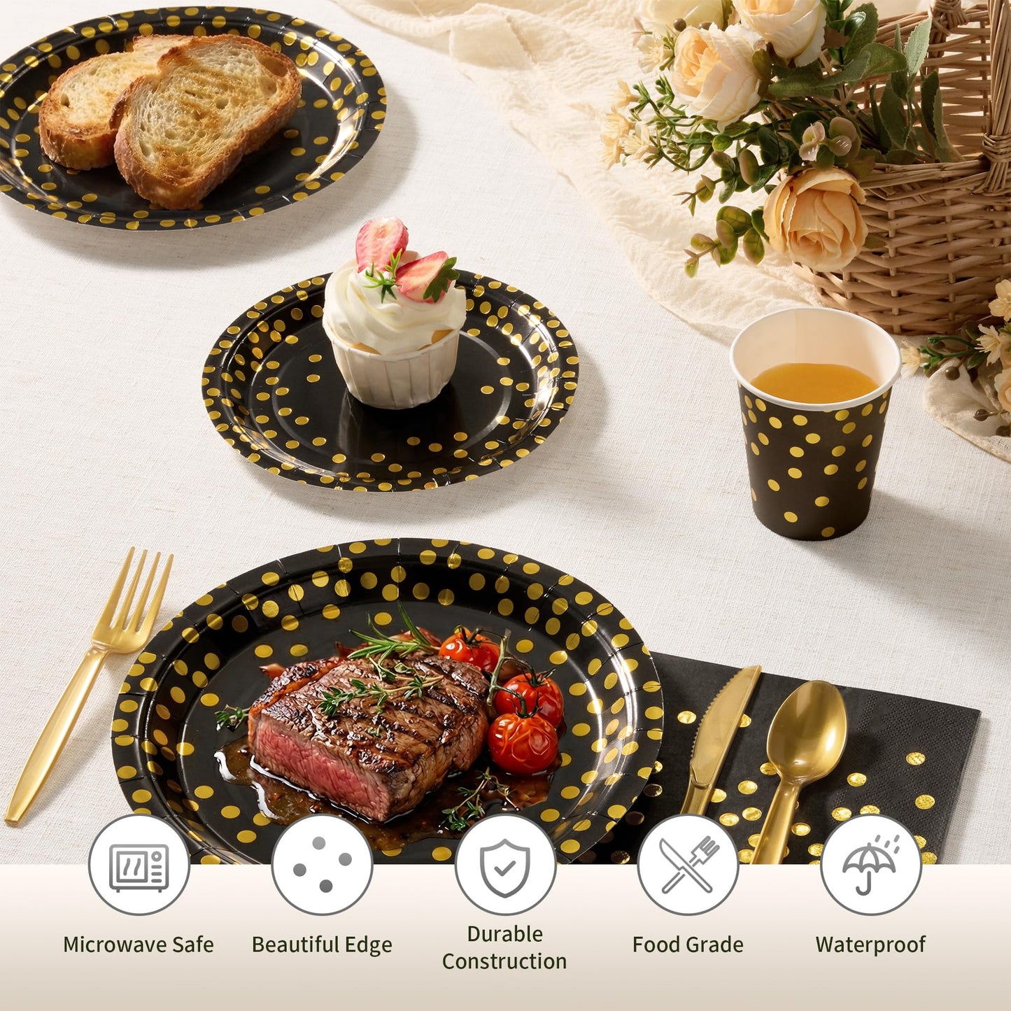 Gold Foil Polka Dot Disposable Party Paper Tableware Set for Birthday, Baby Shower, and Wedding