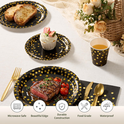 Gold Foil Polka Dot Disposable Party Paper Tableware Set for Birthday, Baby Shower, and Wedding
