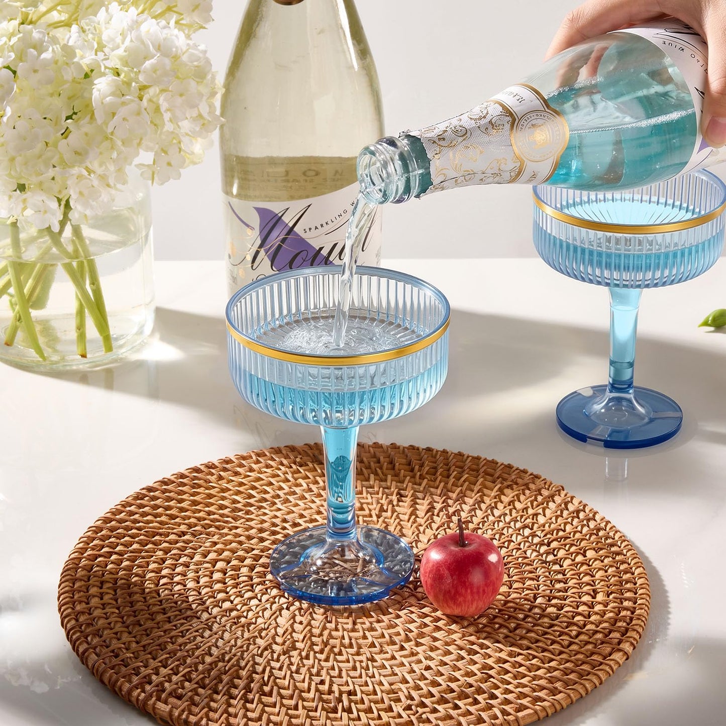 4-Tier Champagne Tower - 20 PCS 7oz Plastic Champagne Flutes, Butterfly Shape with Vertical Stripes for Weddings, Celebrations, Parties & Birthdays