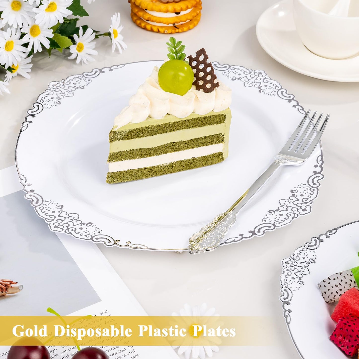 100PCS 10.25-inch Disposable Heavy Duty Vintage Plastic Plates for Wedding, Party, and Daily Use
