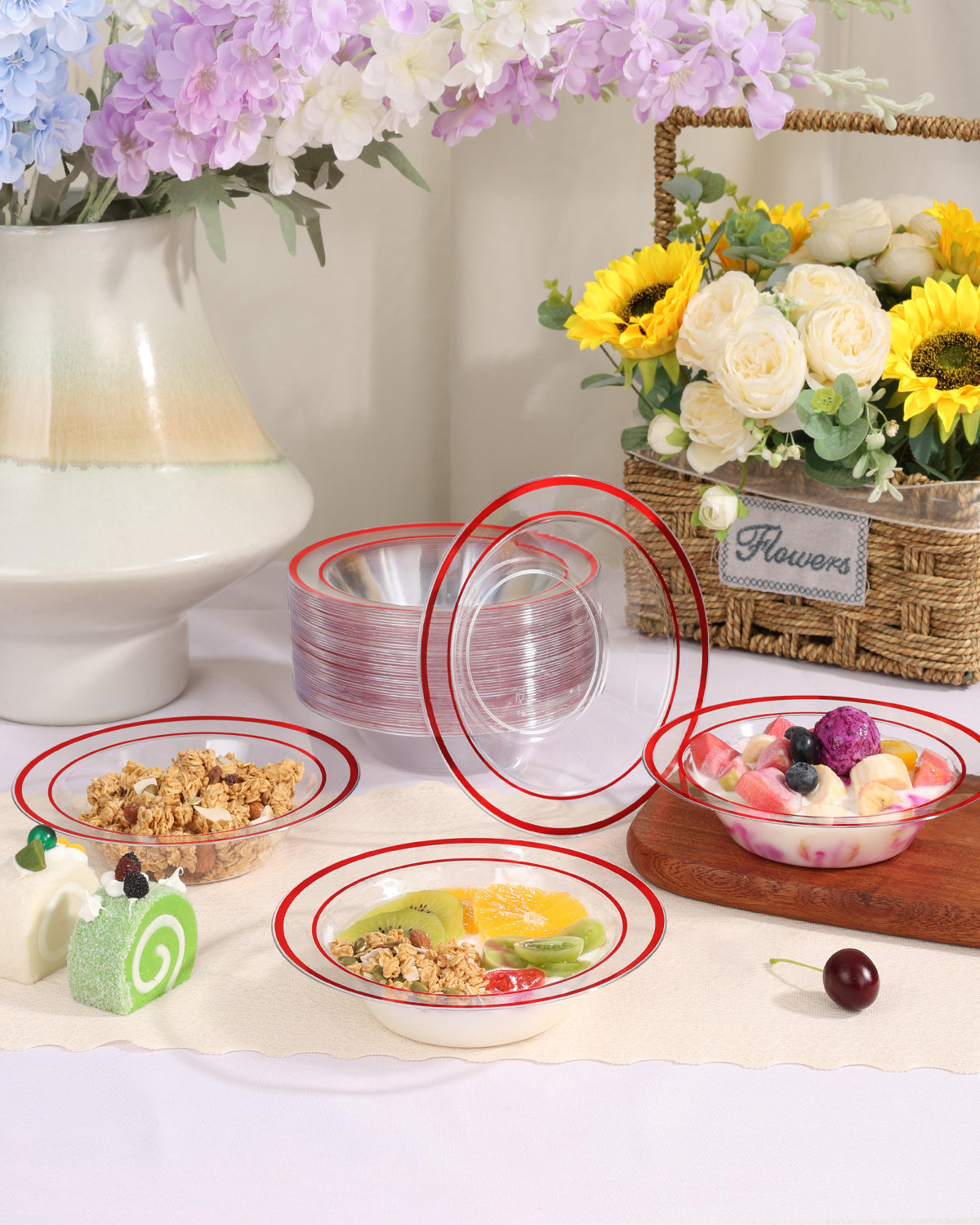 Goodluck 100 Pack 12oz Disposable Clear with Red Rim Plastic Soup Bowls for Christmas, Parties, Dinners, Catering, Thanksgiving and Everyday Use