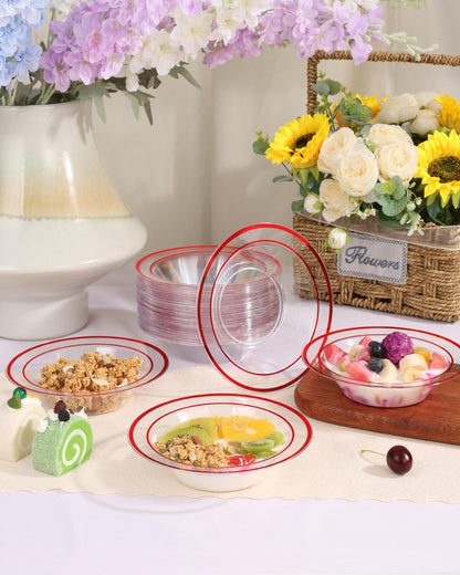 Goodluck 100 Pack 12oz Disposable Clear with Red Rim Plastic Soup Bowls for Christmas, Parties, Dinners, Catering, Thanksgiving and Everyday Use