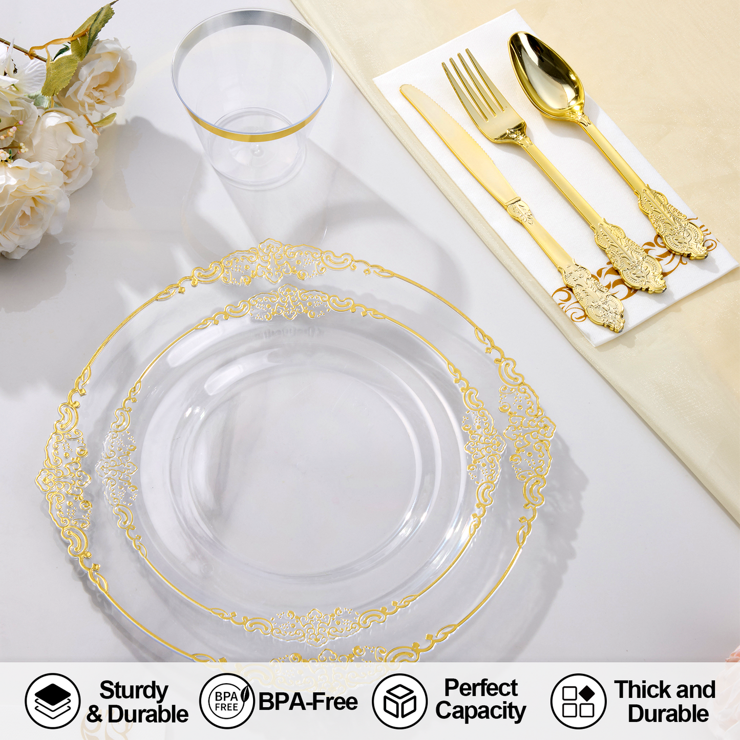 Goodluck Disposable Retro Clear with Gold Rim Dinnerware Set