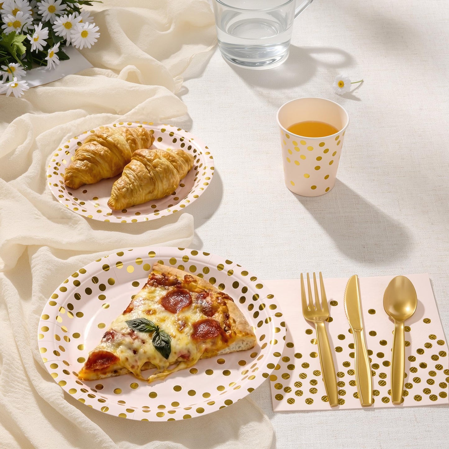 Gold Foil Polka Dot Disposable Party Paper Tableware Set for Birthday, Baby Shower, and Wedding