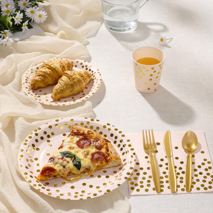 Gold Foil Polka Dot Disposable Party Paper Tableware Set for Birthday, Baby Shower, and Wedding