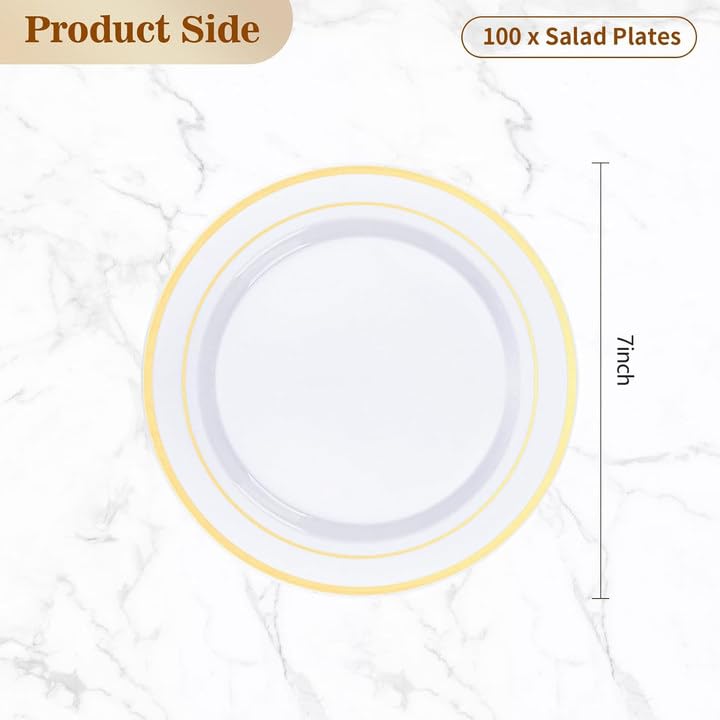 Goodluck 100-Piece Disposable 7 Inch White with Double Gold Rim Plastic Plate