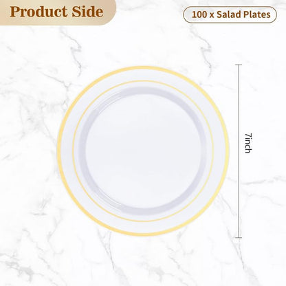 Goodluck 100-Piece Disposable 7 Inch White with Double Gold Rim Plastic Plate