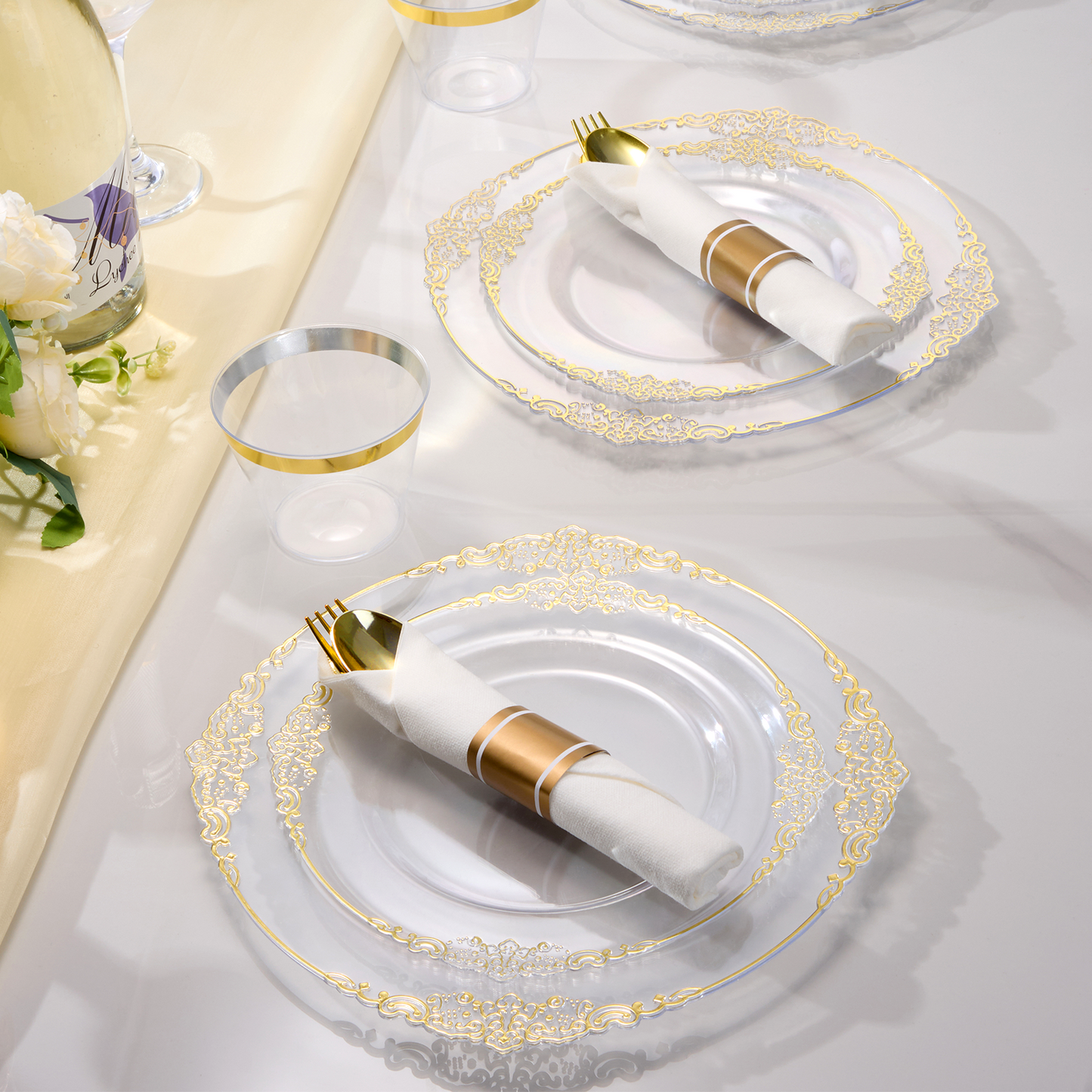 Goodluck 350PCS Disposable Clear with Gold Rim Plastic Dinnerware Sets for 50 Guests