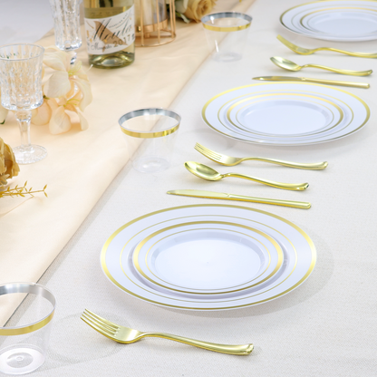 Goodluck Disposable White with Double Gold Rim Dinnerware Set