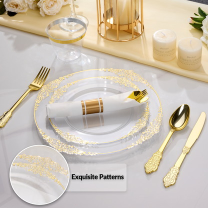 Goodluck 350PCS Disposable Clear with Gold Rim Plastic Dinnerware Sets for 50 Guests