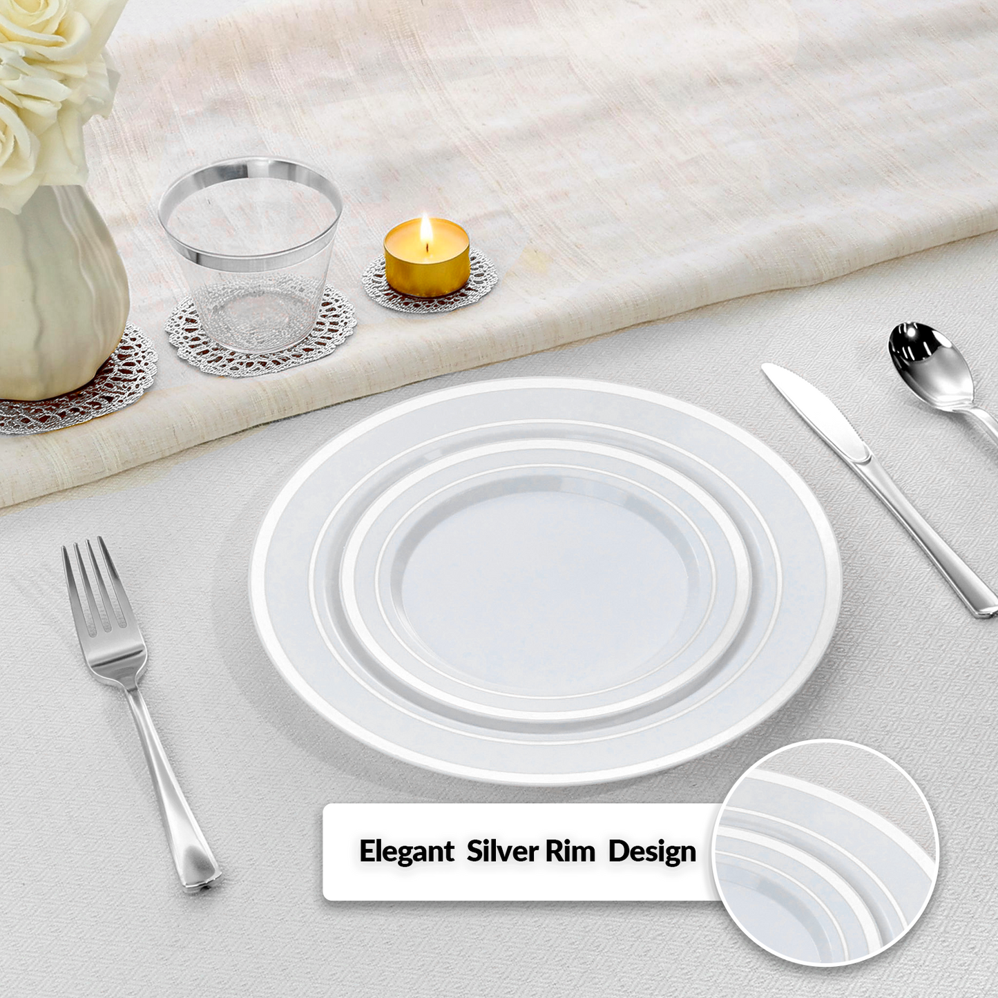 Goodluck Disposable Double Silver Rim Plastic Dinnerware Set