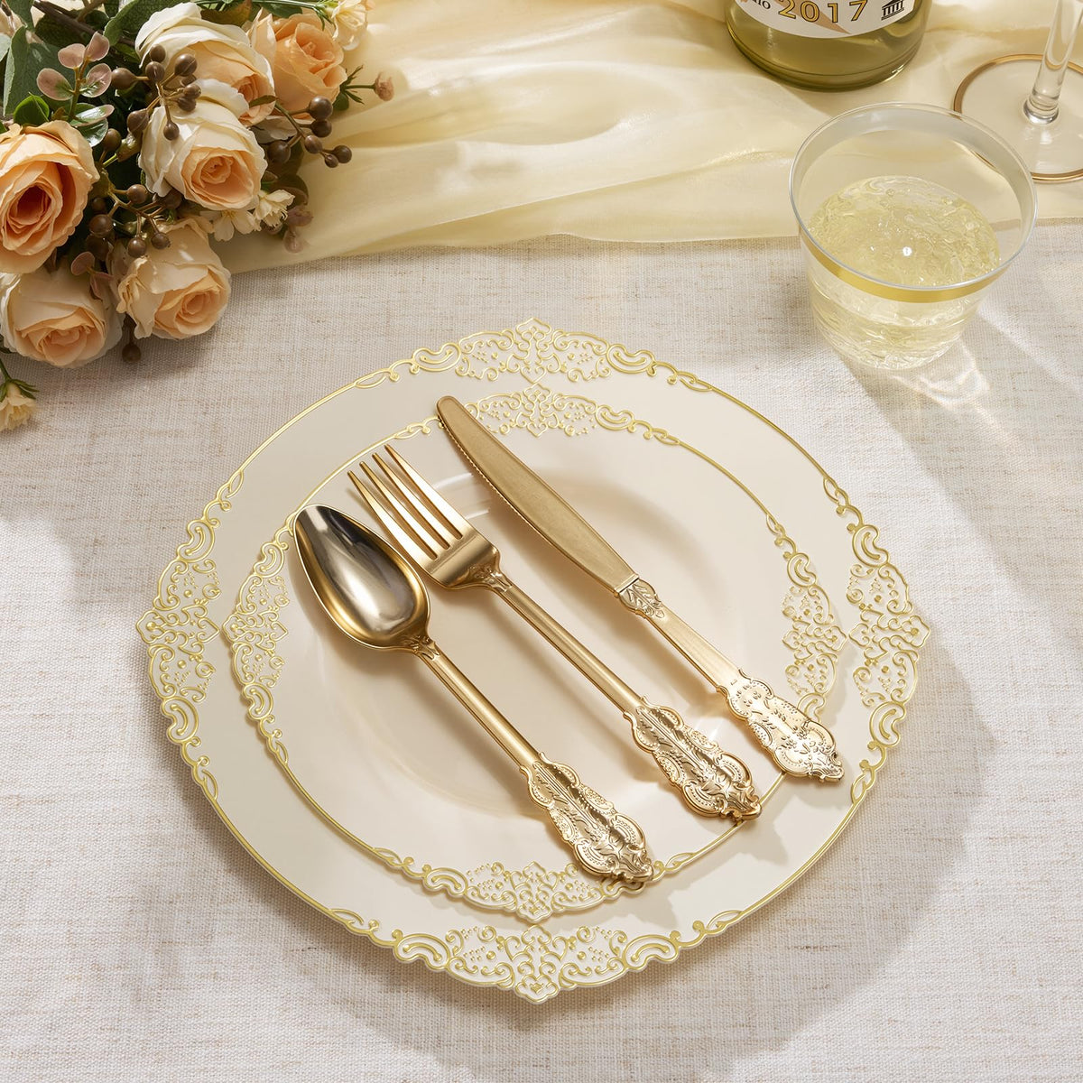 Heavy Duty Elegant Vintage Plastic Plates with Cutlery Set for Wedding, Bridal Shower, Anniversary