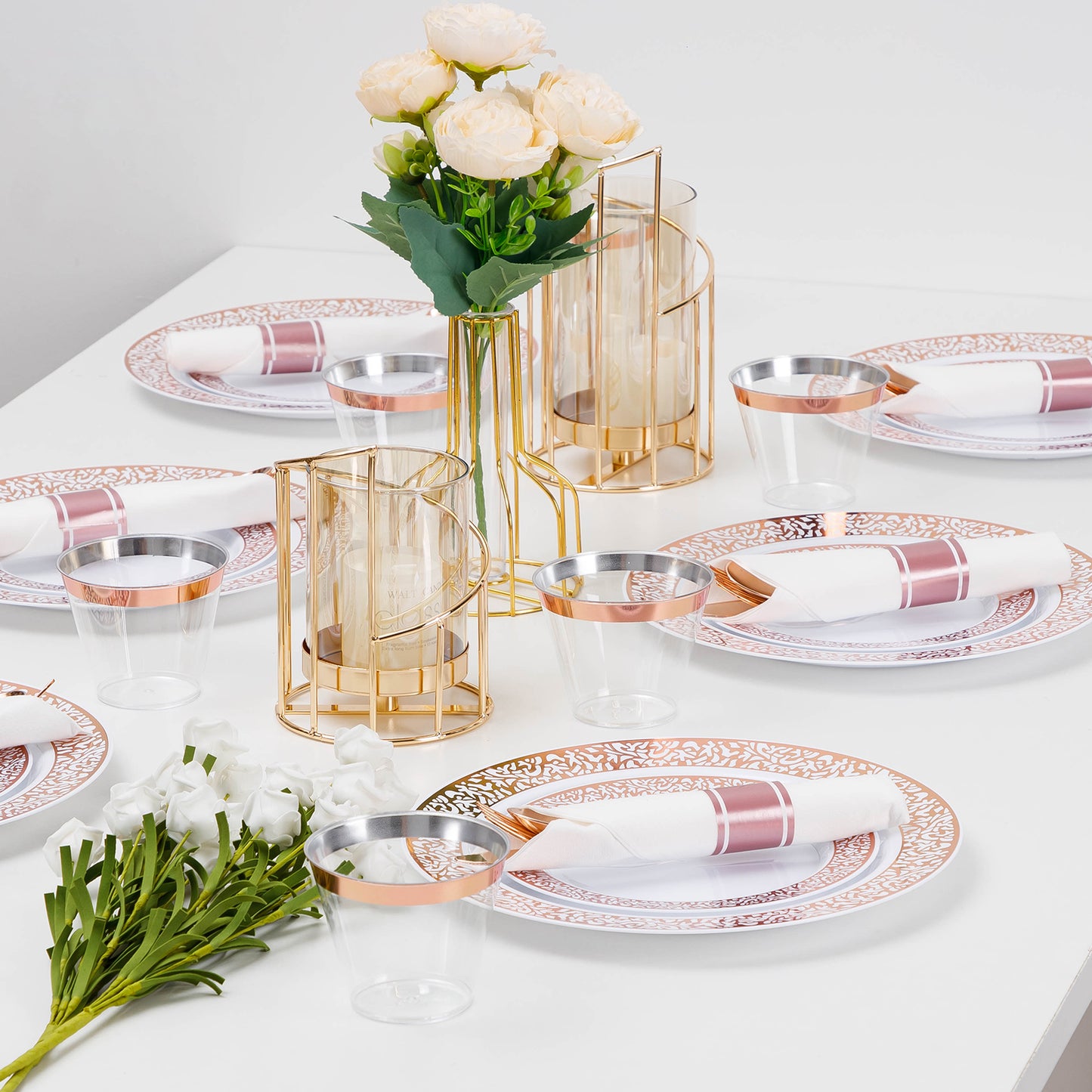 Goodluck 350 Piece Disposable Lace Rose Gold Plastic Dinnerware Set