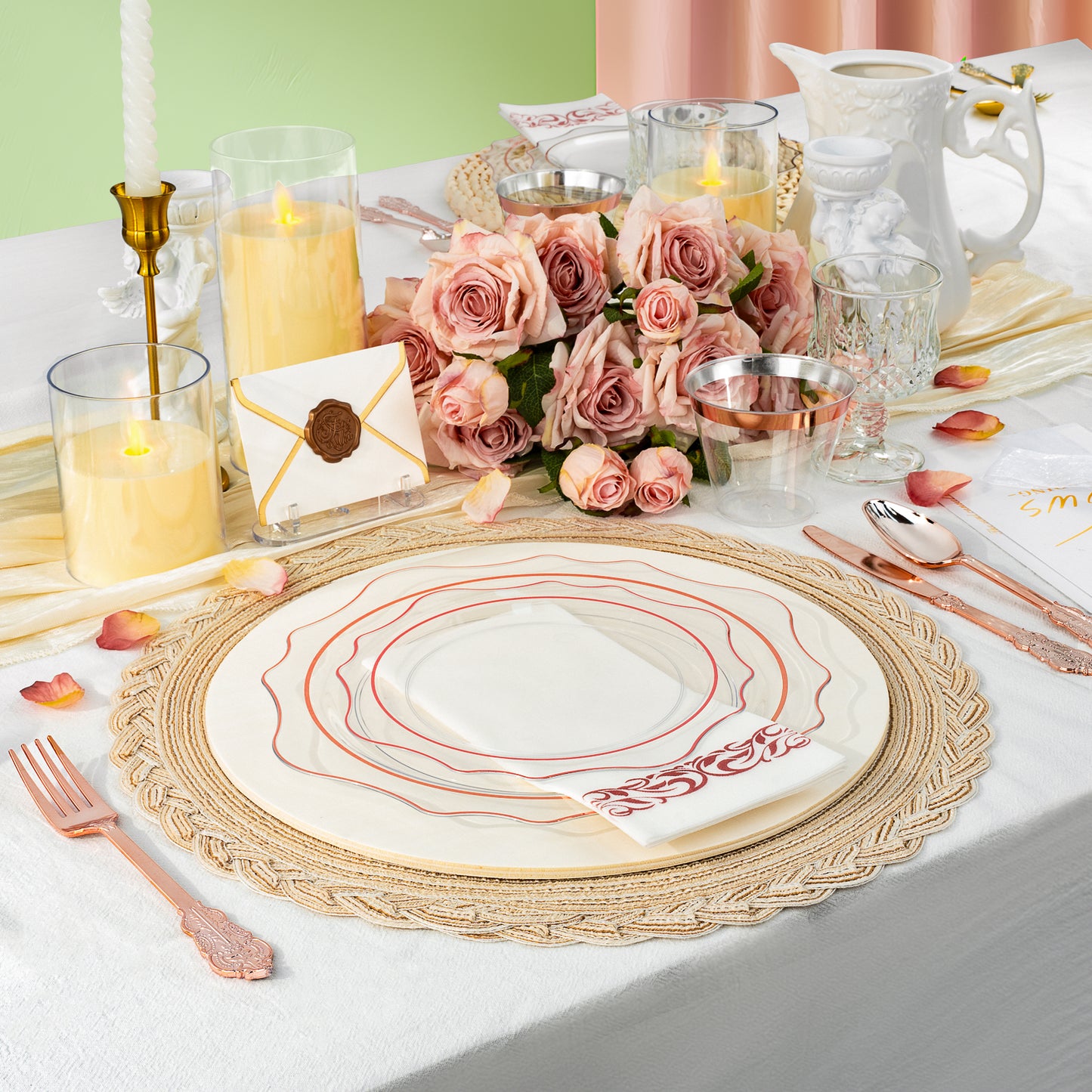 Goodluck 350 PCS Disposable Scallop Clear and Rose Gold Plastic Dinnerware Set for 50 Guests