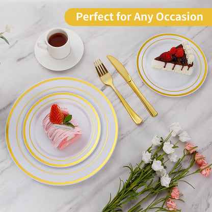 Goodluck Heavy Duty Disposable White and Gold Plastic Plates