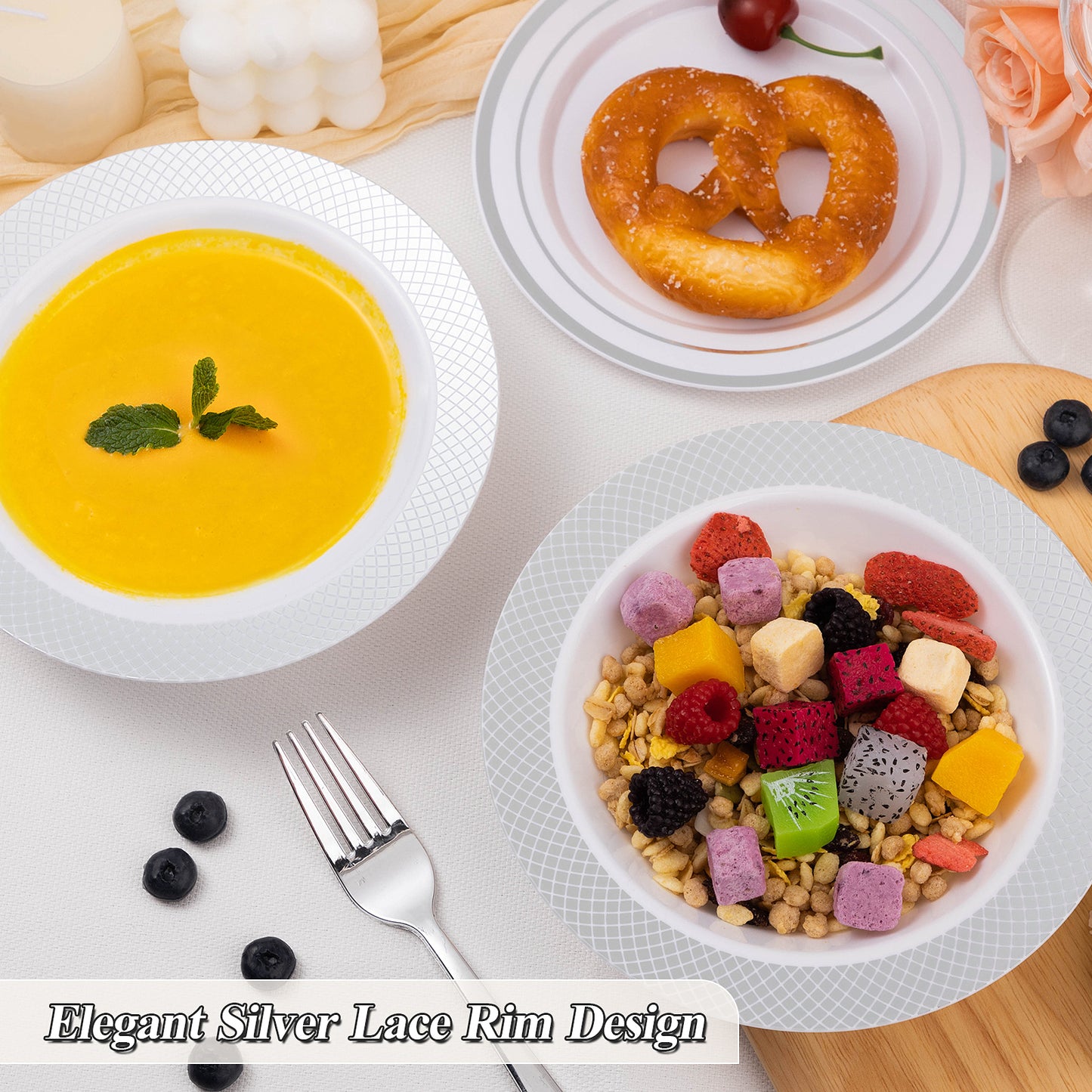 Goodluck 12oz Disposable Heavy Duty Plastic Bowls with Silver Rim for Parties, Weddings, and Everyday Use